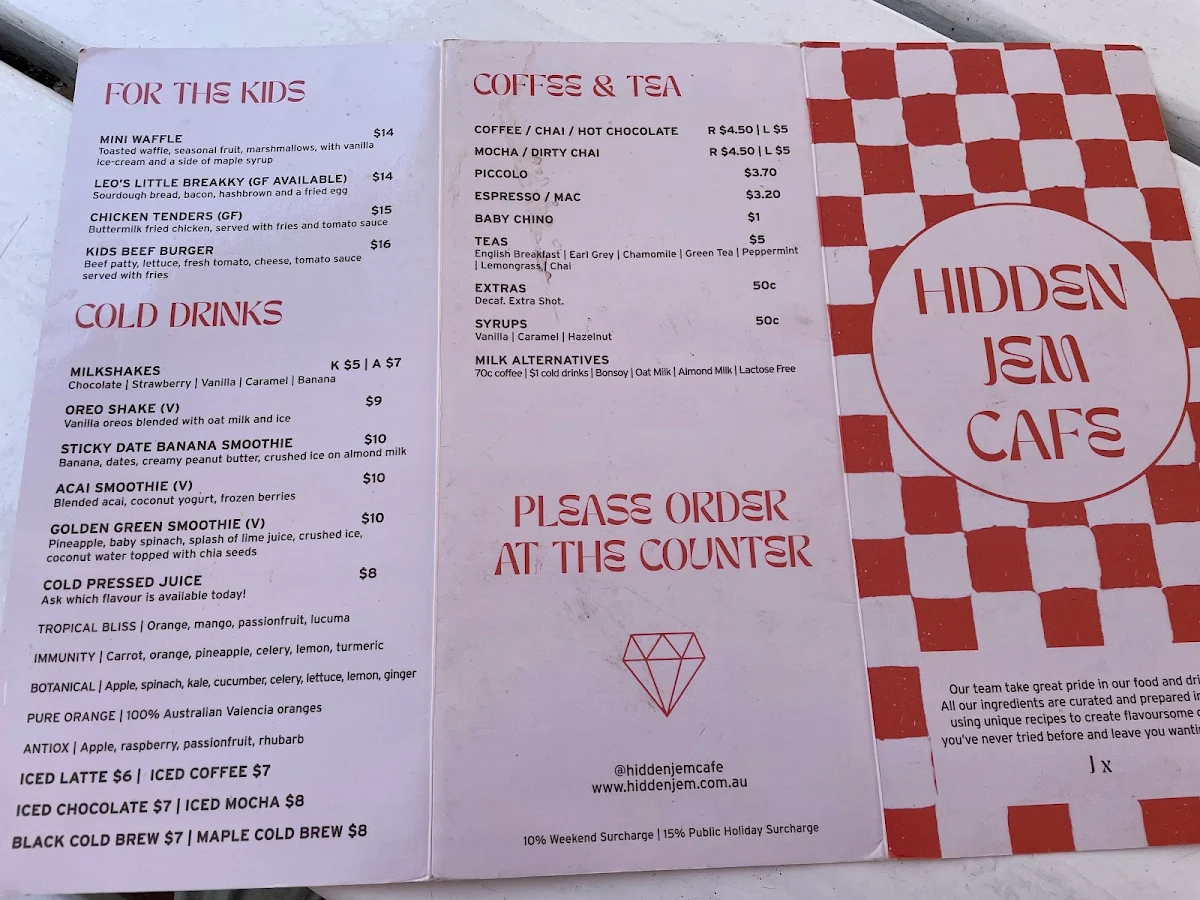 Menu, Hidden Jem Café