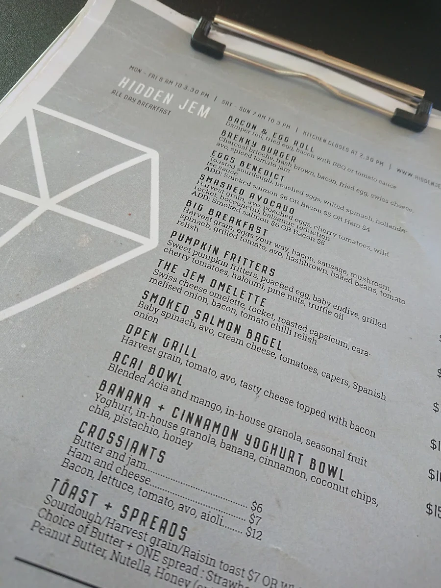 Menu, Hidden Jem Café