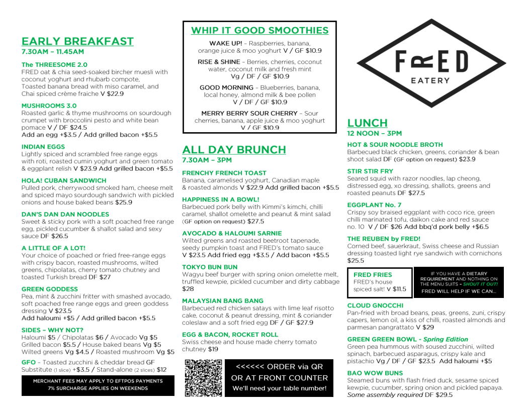 Menu, FRED Eatery