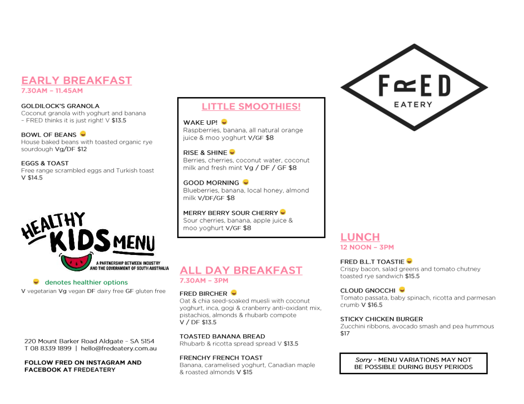 Menu, FRED Eatery