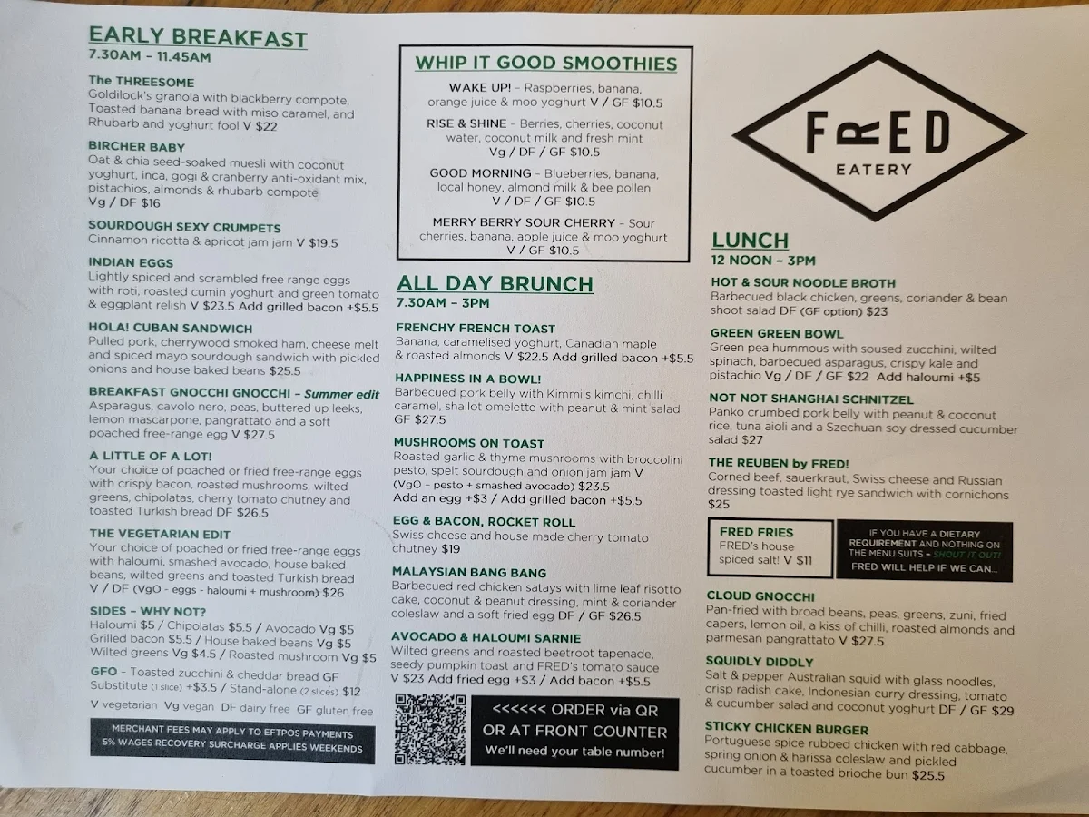 Menu, FRED Eatery