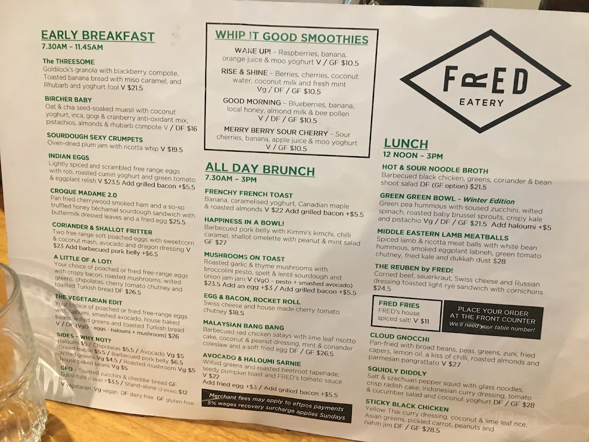 Menu, FRED Eatery