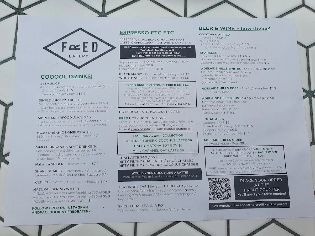 Menu, FRED Eatery