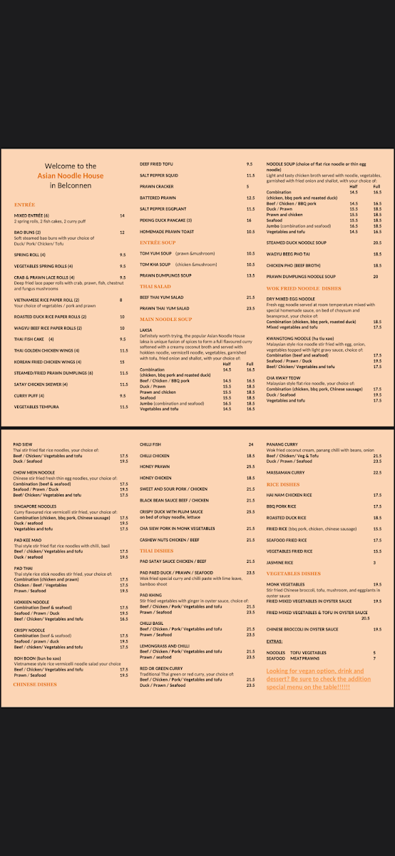Menu, Asian Noodle House