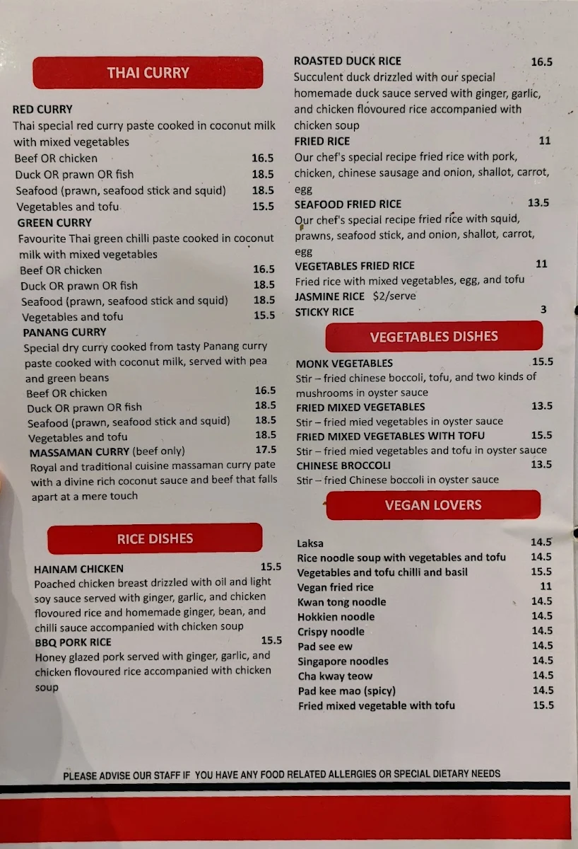 Menu, Asian Noodle House