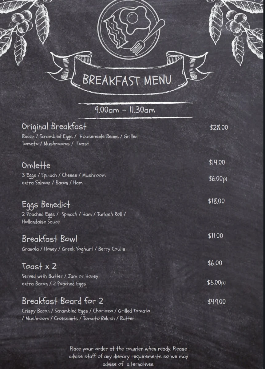 Menu, The Maali café