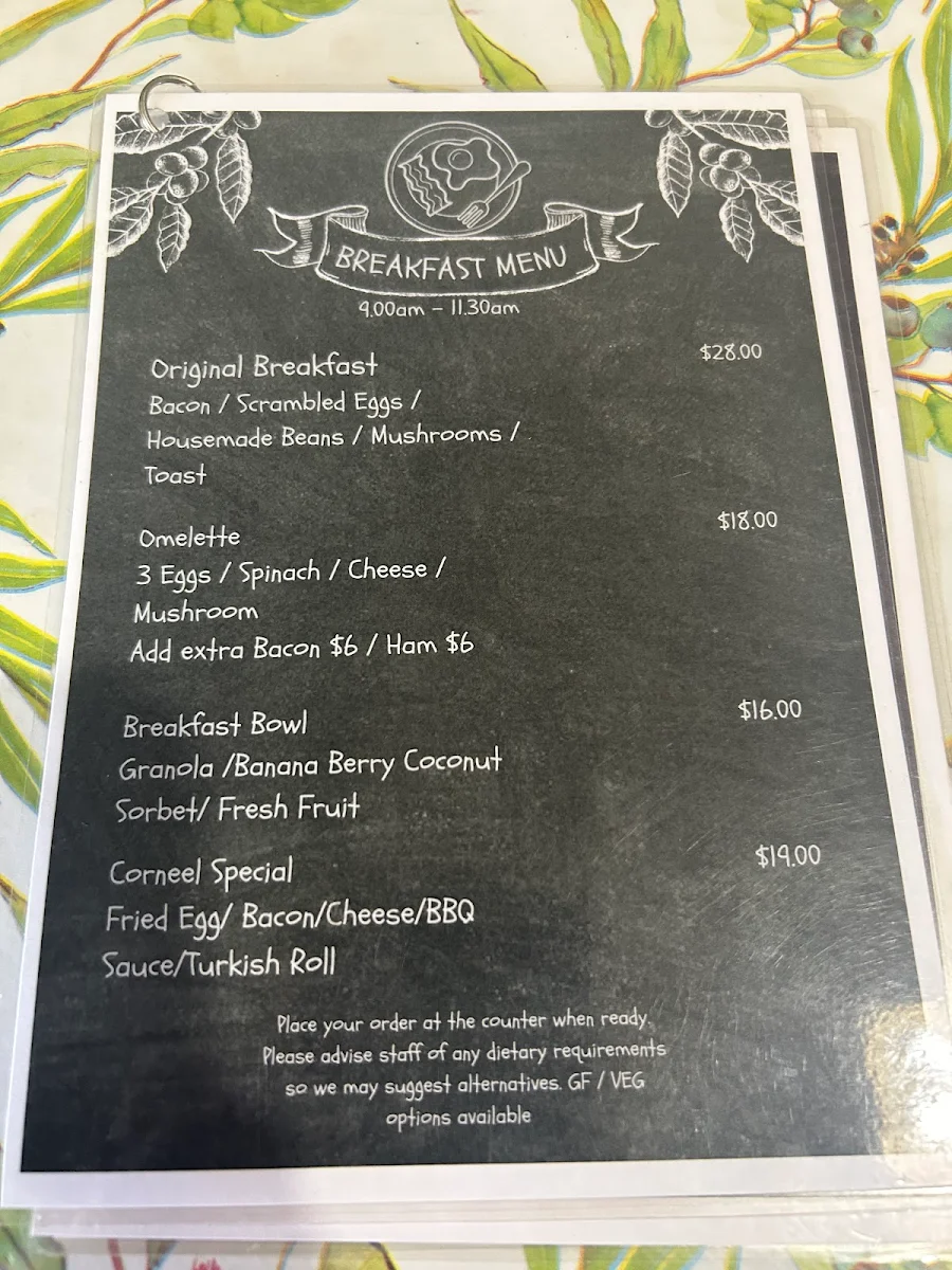 Menu, The Maali café