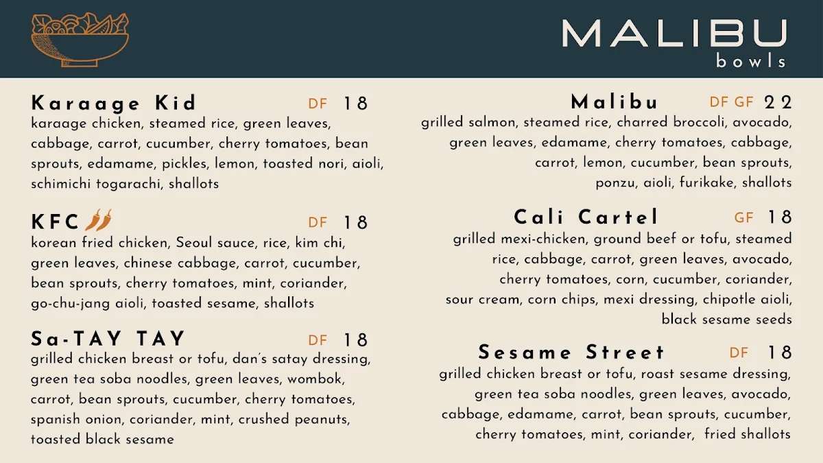 Menu, Malibu Ballina