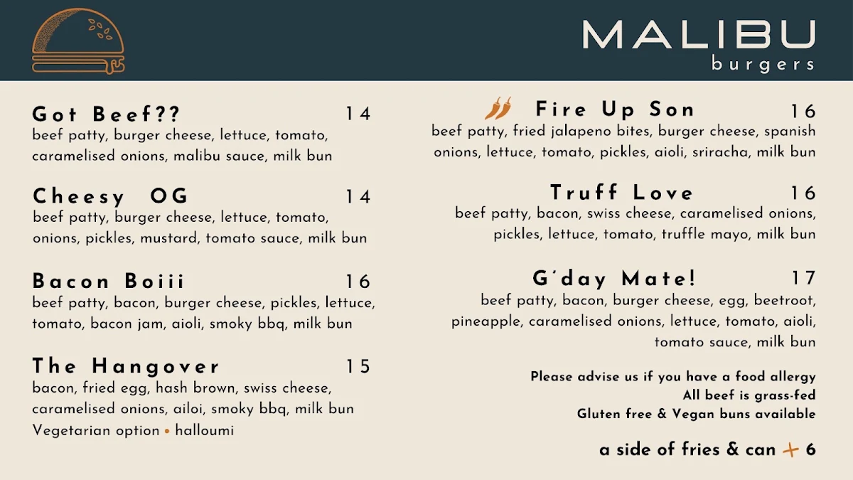Menu, Malibu Ballina