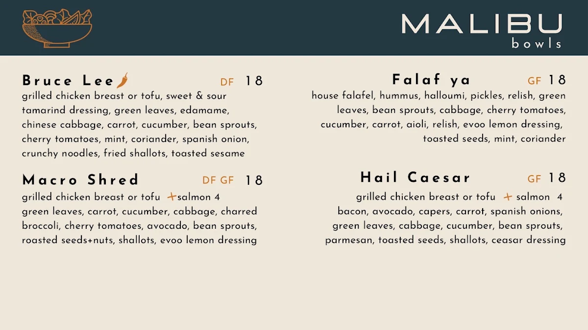 Menu, Malibu Ballina