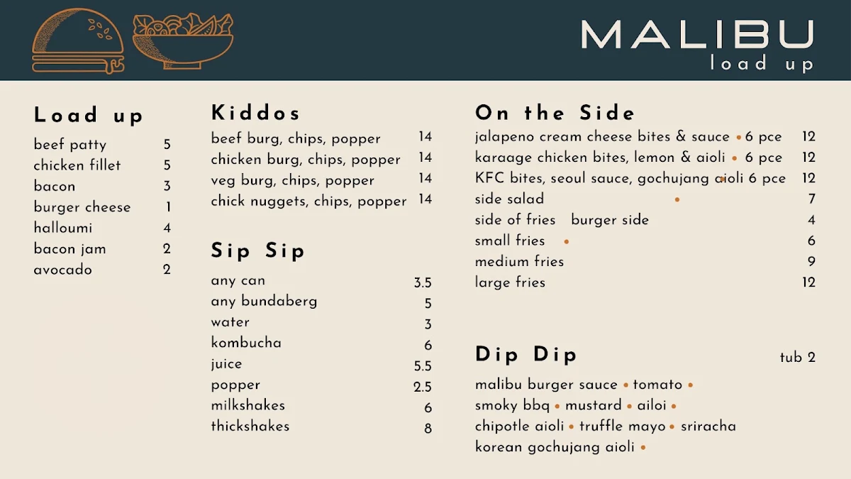 Menu, Malibu Ballina
