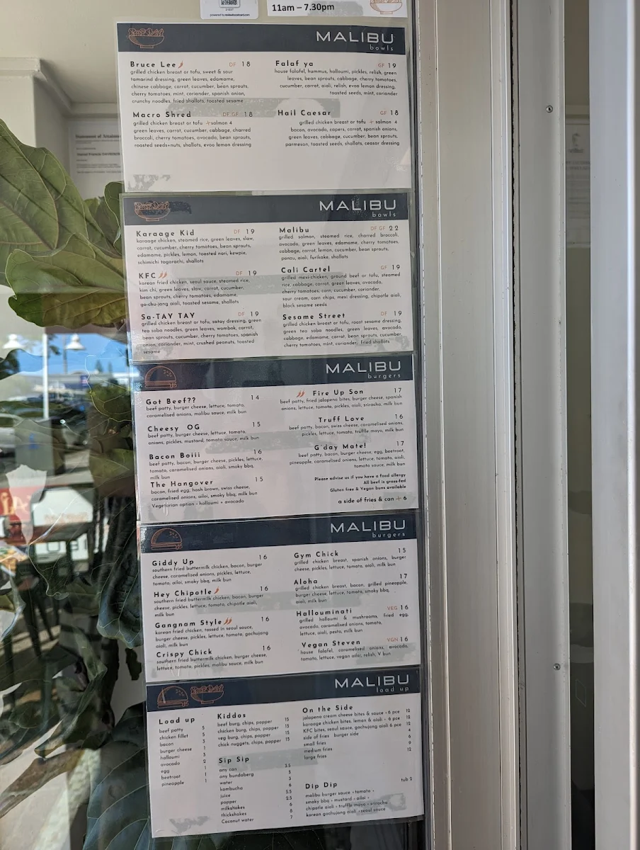 Menu, Malibu Ballina
