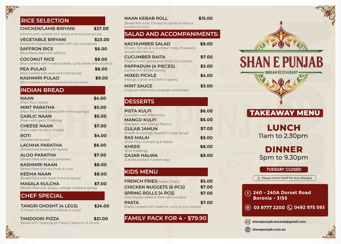 Menu, Shan E Punjab