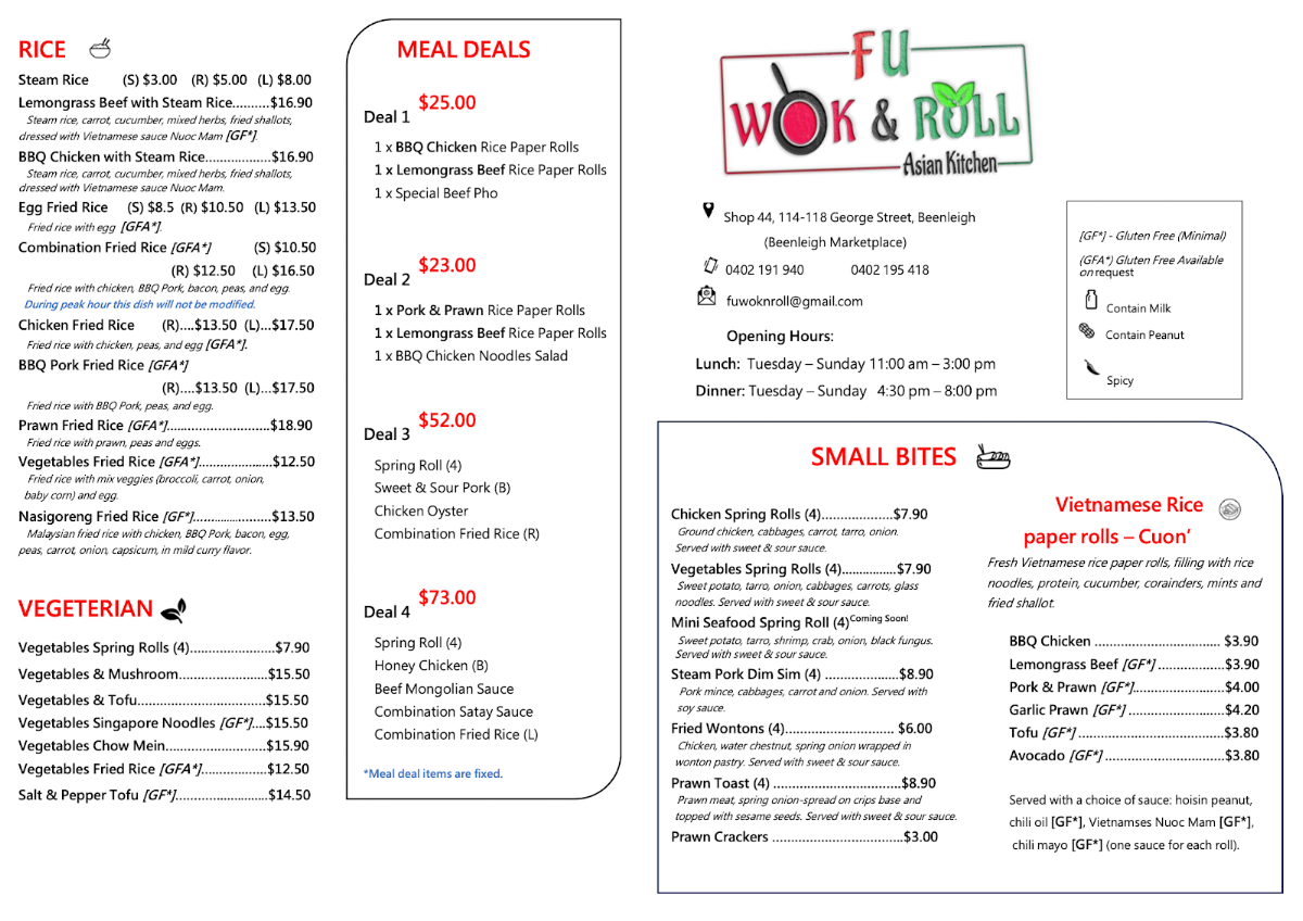Menu, Fu Wok N Roll Beenleigh