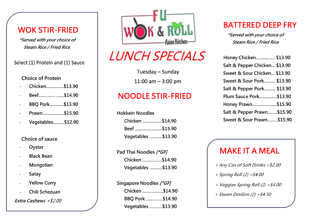Menu, Fu Wok N Roll Beenleigh