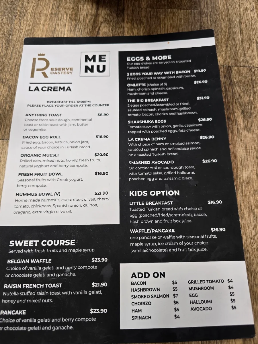 Menu, La Crema Reserve Roastery