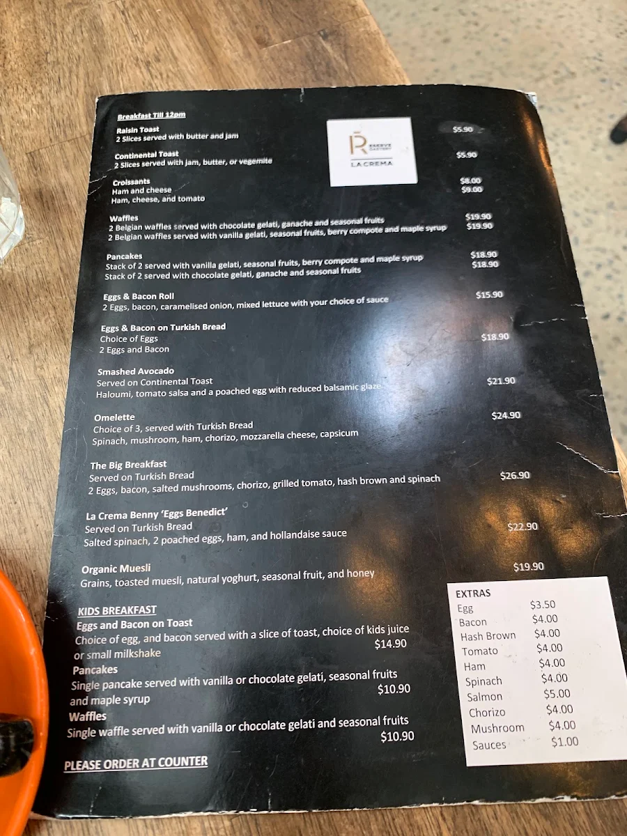 Menu, La Crema Reserve Roastery