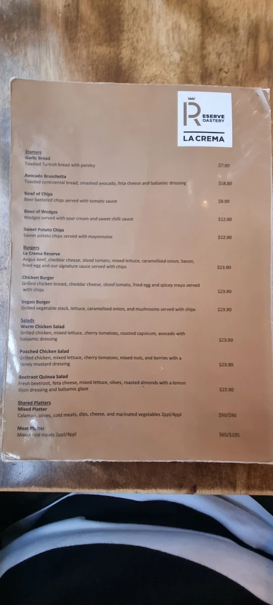 Menu, La Crema Reserve Roastery