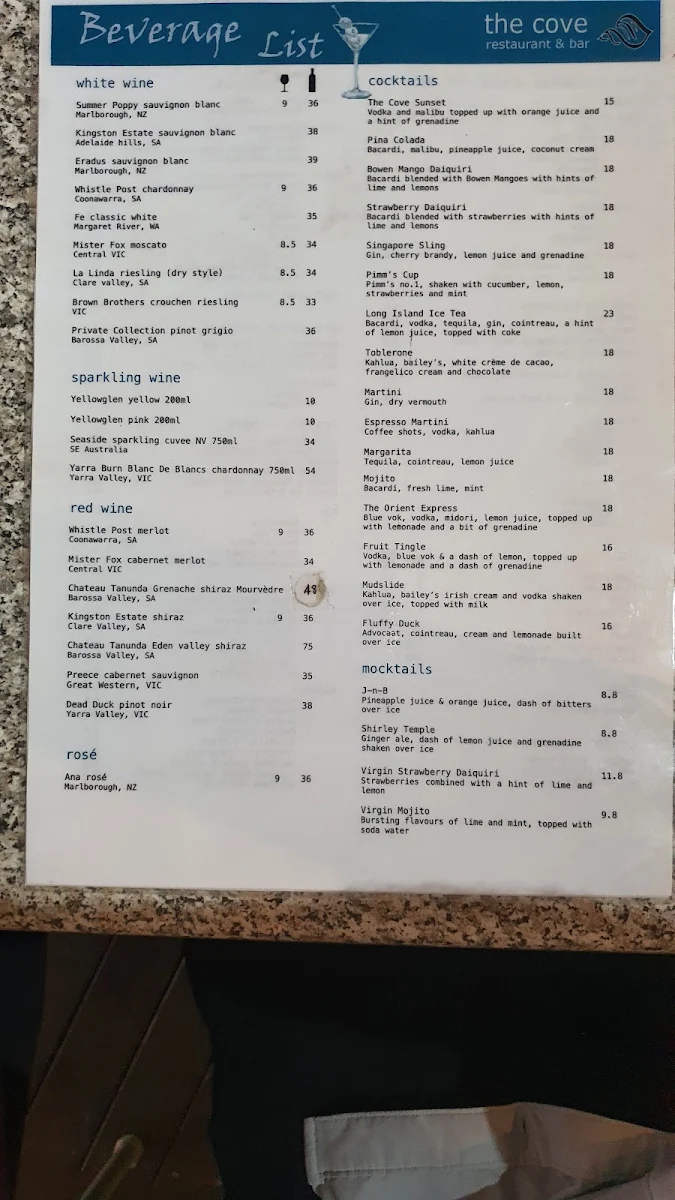 Menu, The Cove Restaurant