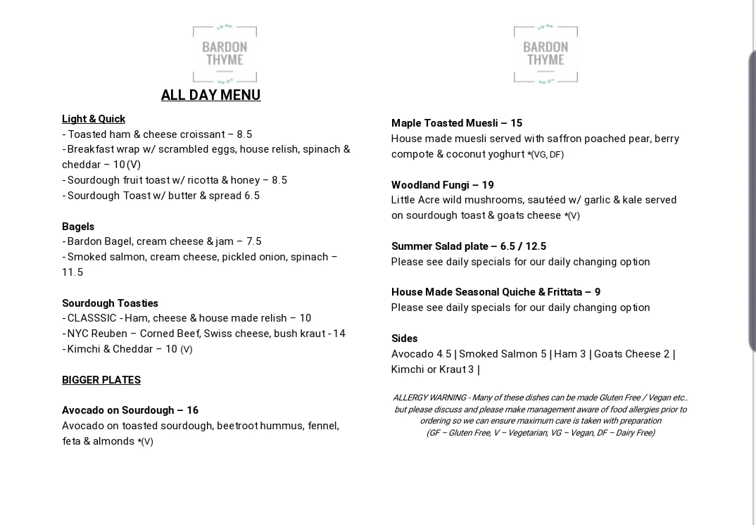 Menu, Bardon Thyme