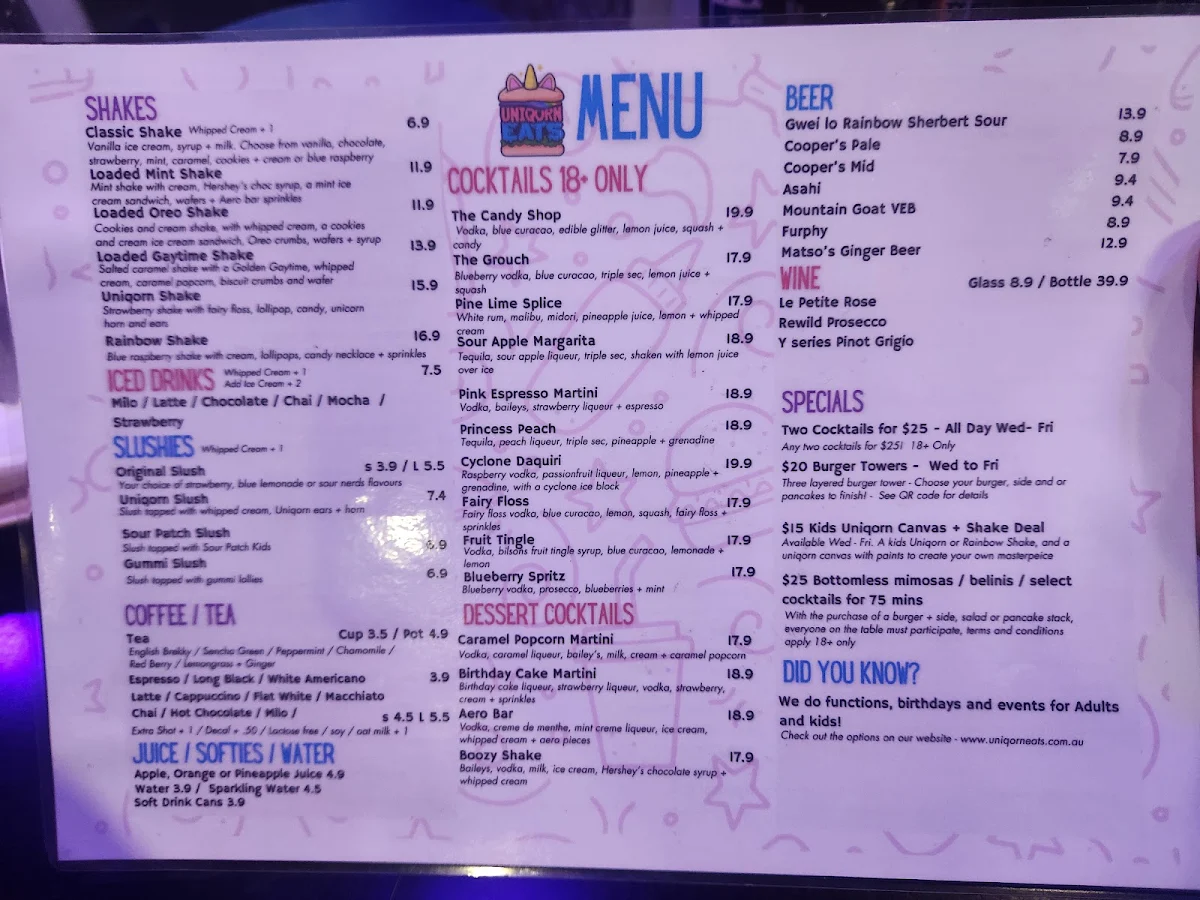 Menu, Uniqorn Eats