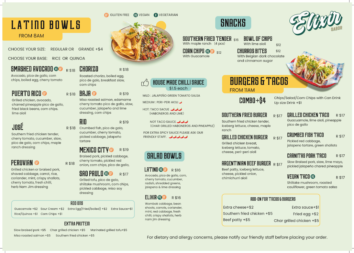 Menu, Elixir Sabor