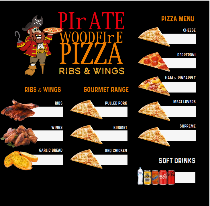 Menu, Pirate woodfire pizza
