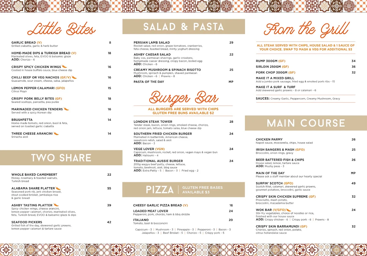 Menu, The Ashby Bar & Bistro