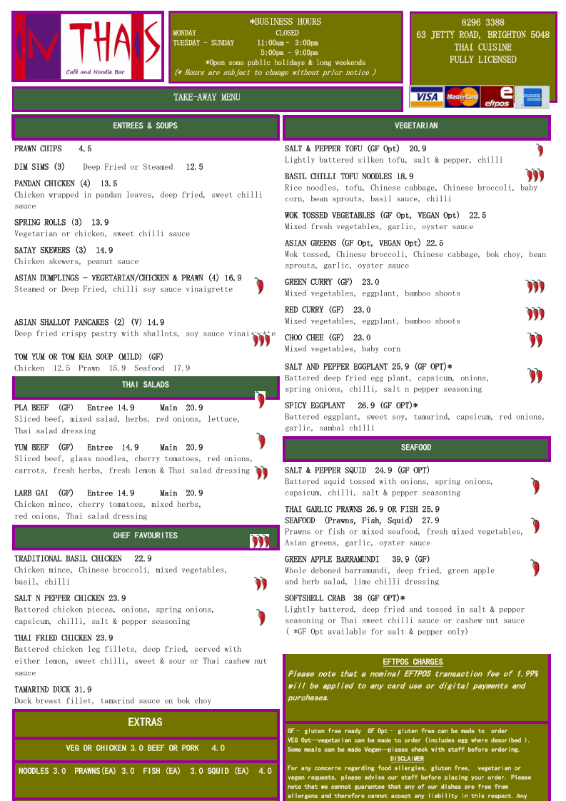Menu, Inthais Cafe and noodle bar