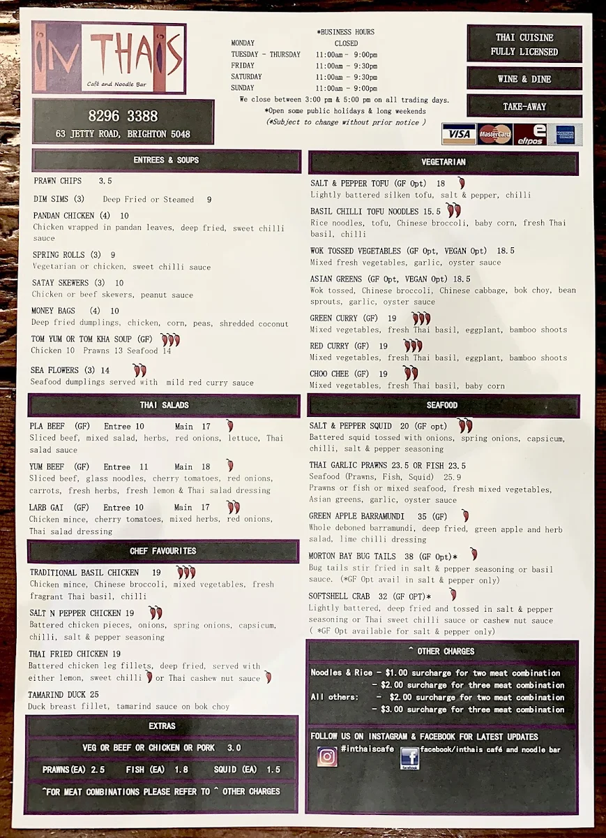 Menu, Inthais Cafe and noodle bar