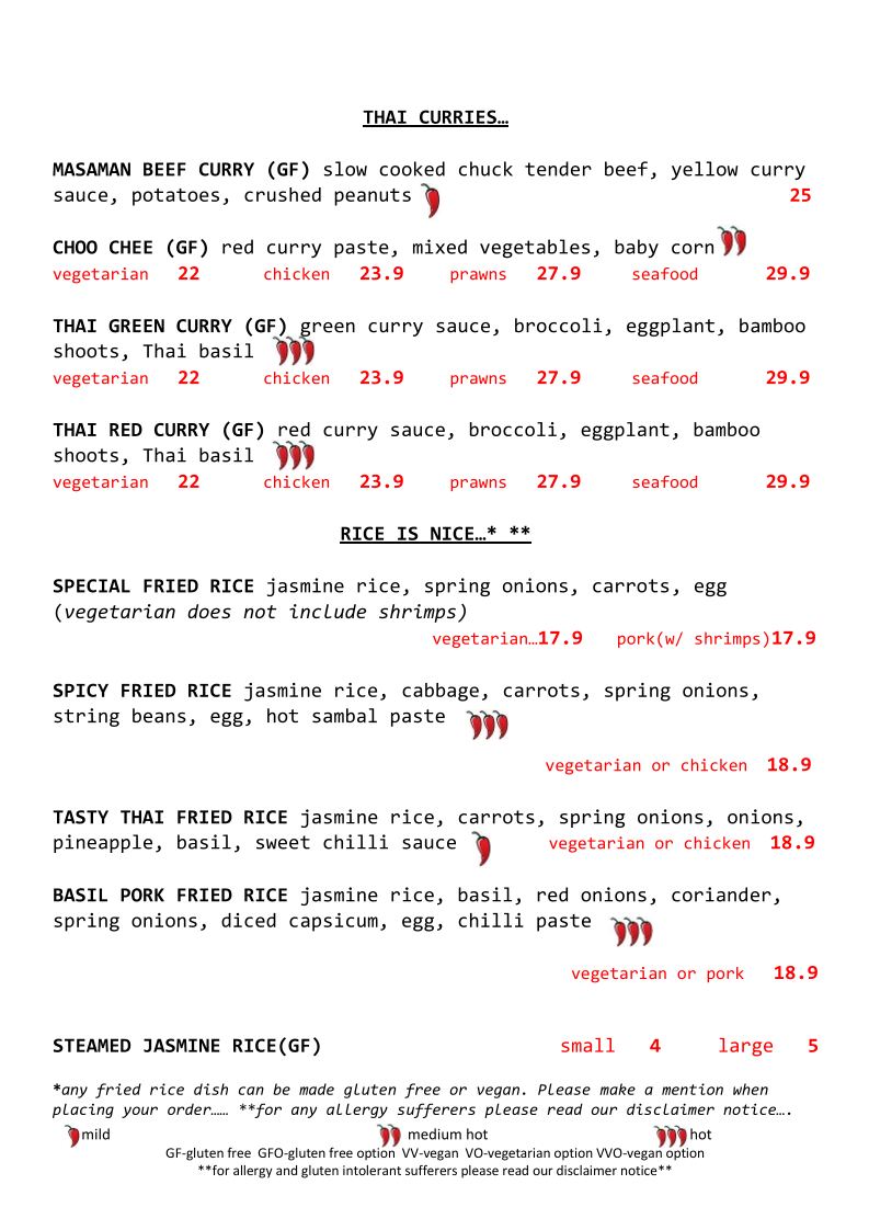 Menu, Inthais Cafe and noodle bar