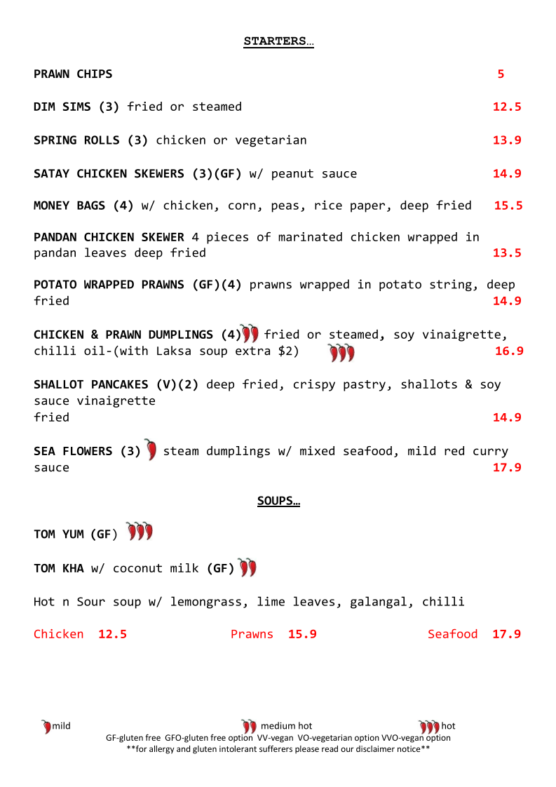 Menu, Inthais Cafe and noodle bar