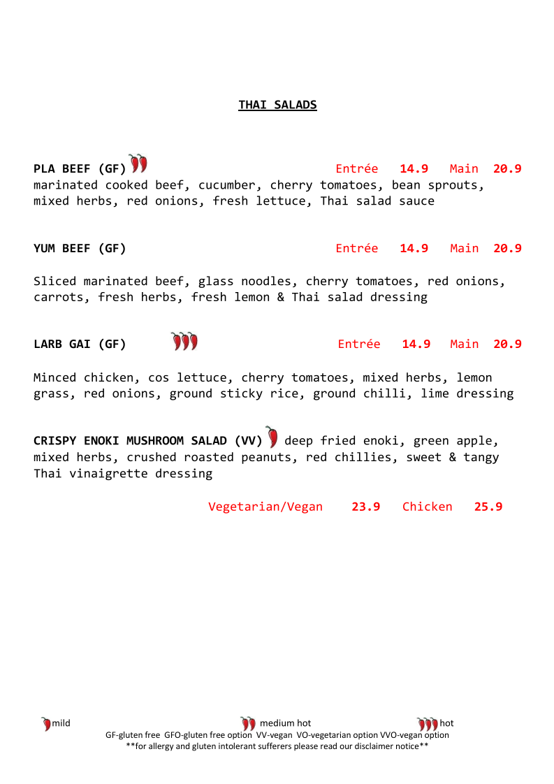 Menu, Inthais Cafe and noodle bar