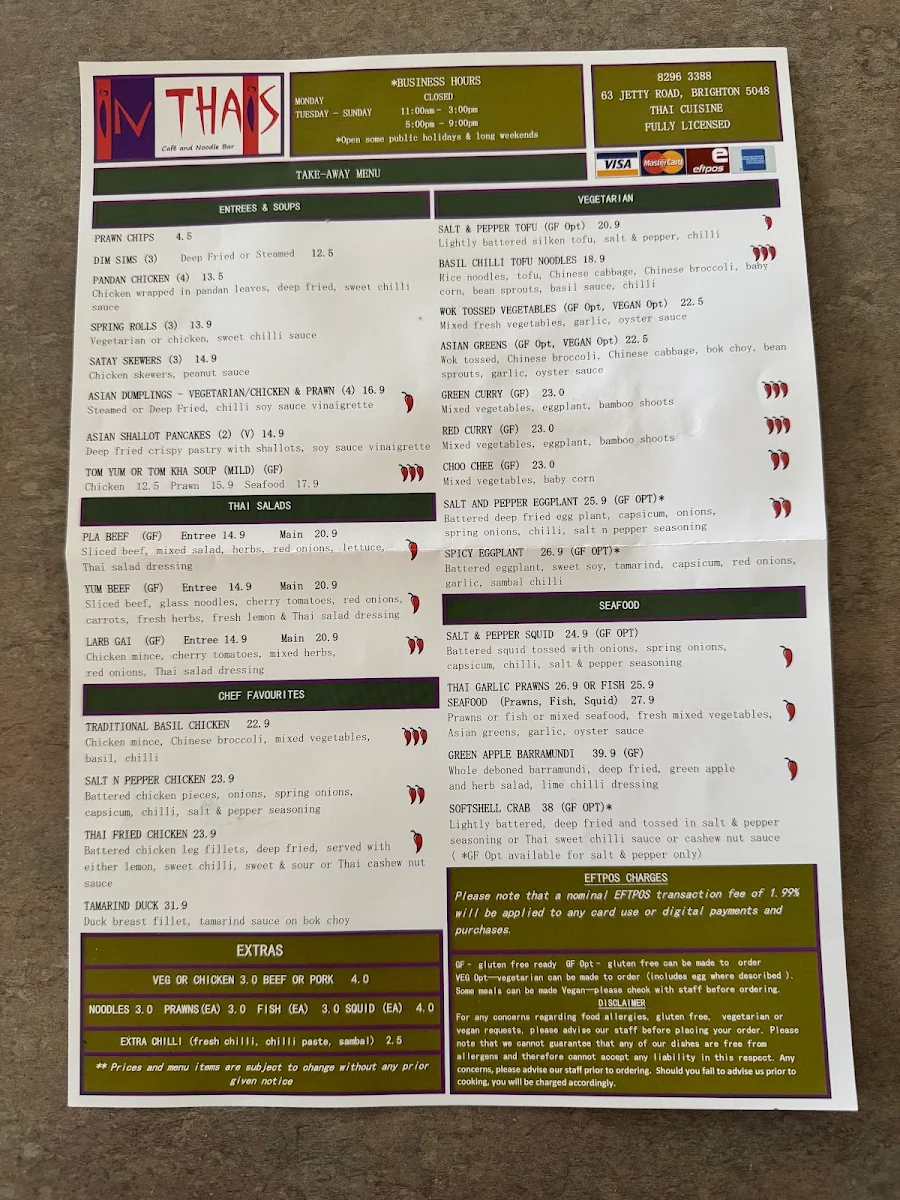 Menu, Inthais Cafe and noodle bar