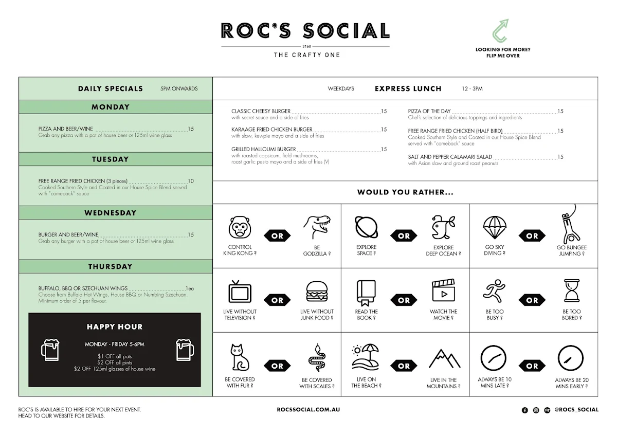 Menu, Roc's Social - M-City