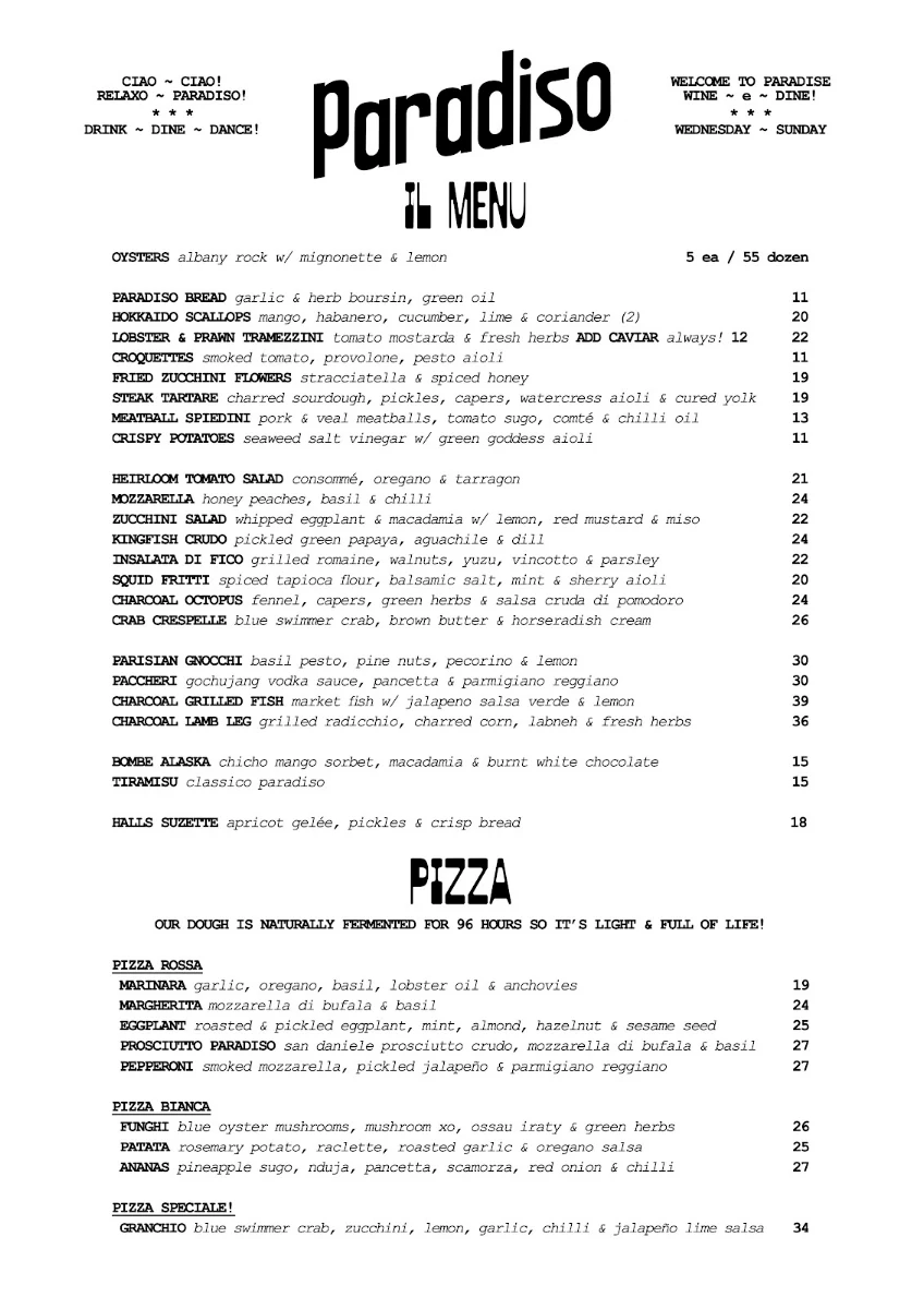 Menu, Si Paradiso