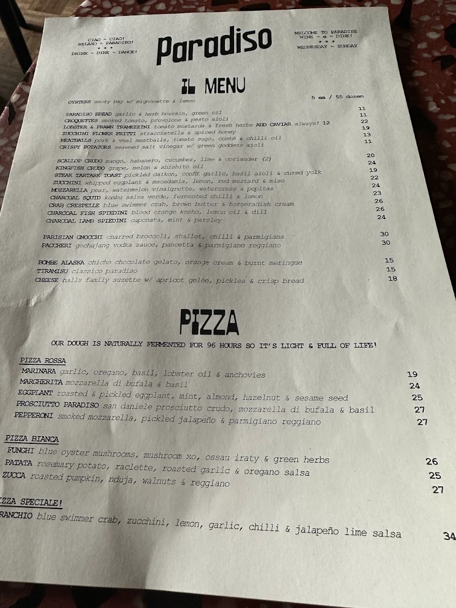 Menu, Si Paradiso