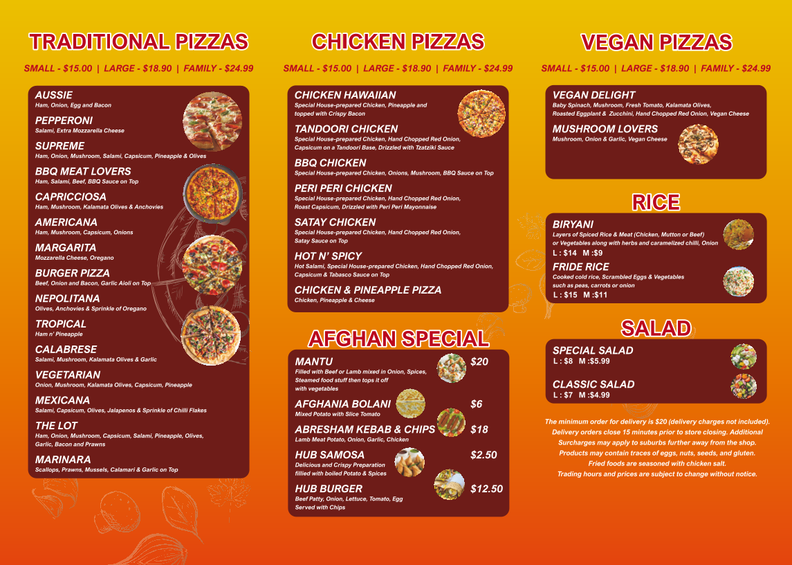 Menu, Pizza Hub& cafe