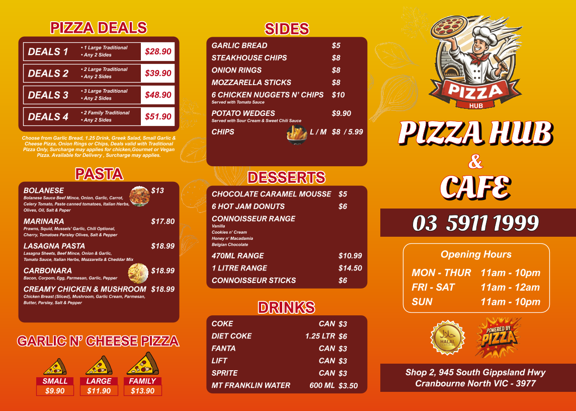 Menu, Pizza Hub& cafe