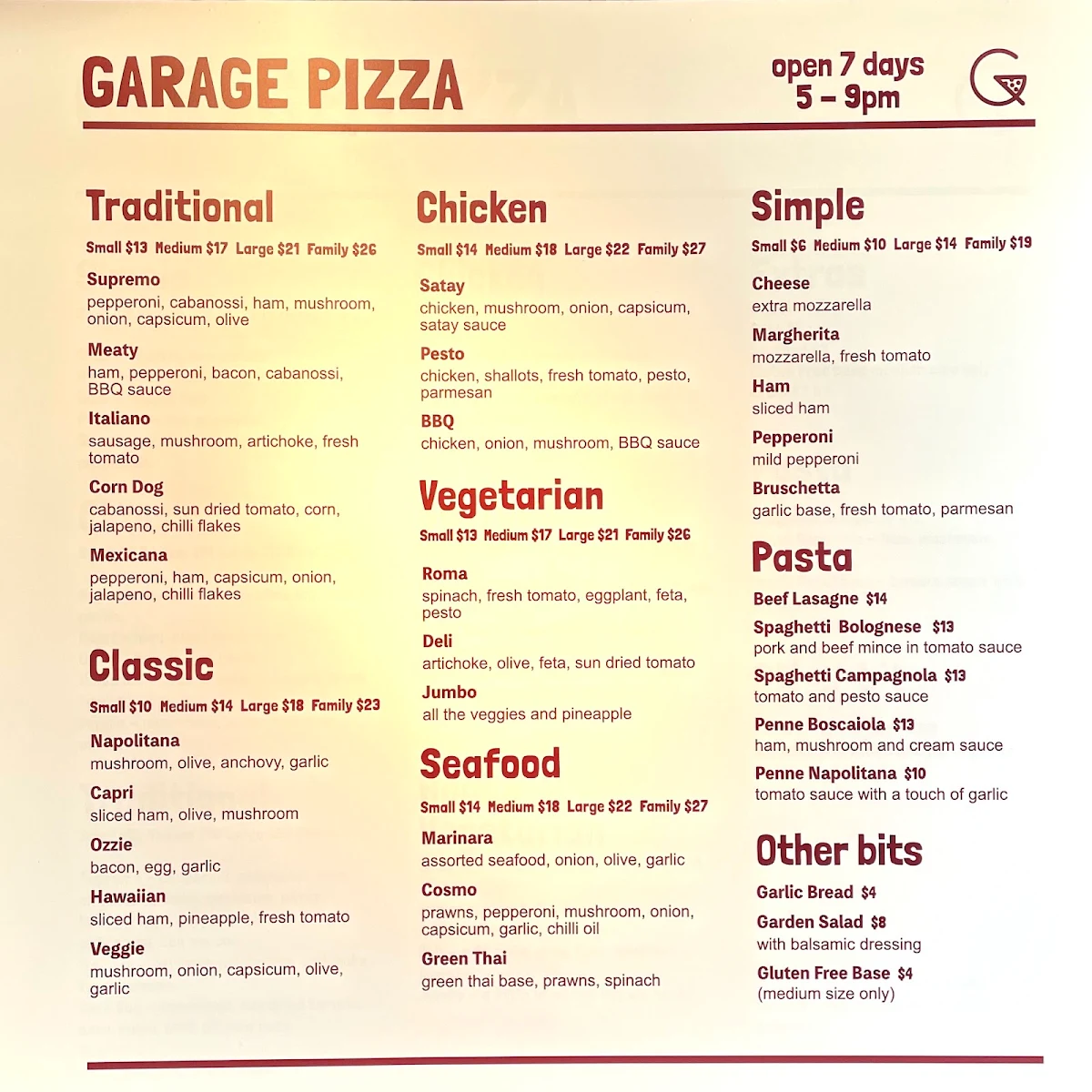 Menu, Garage Pizzeria