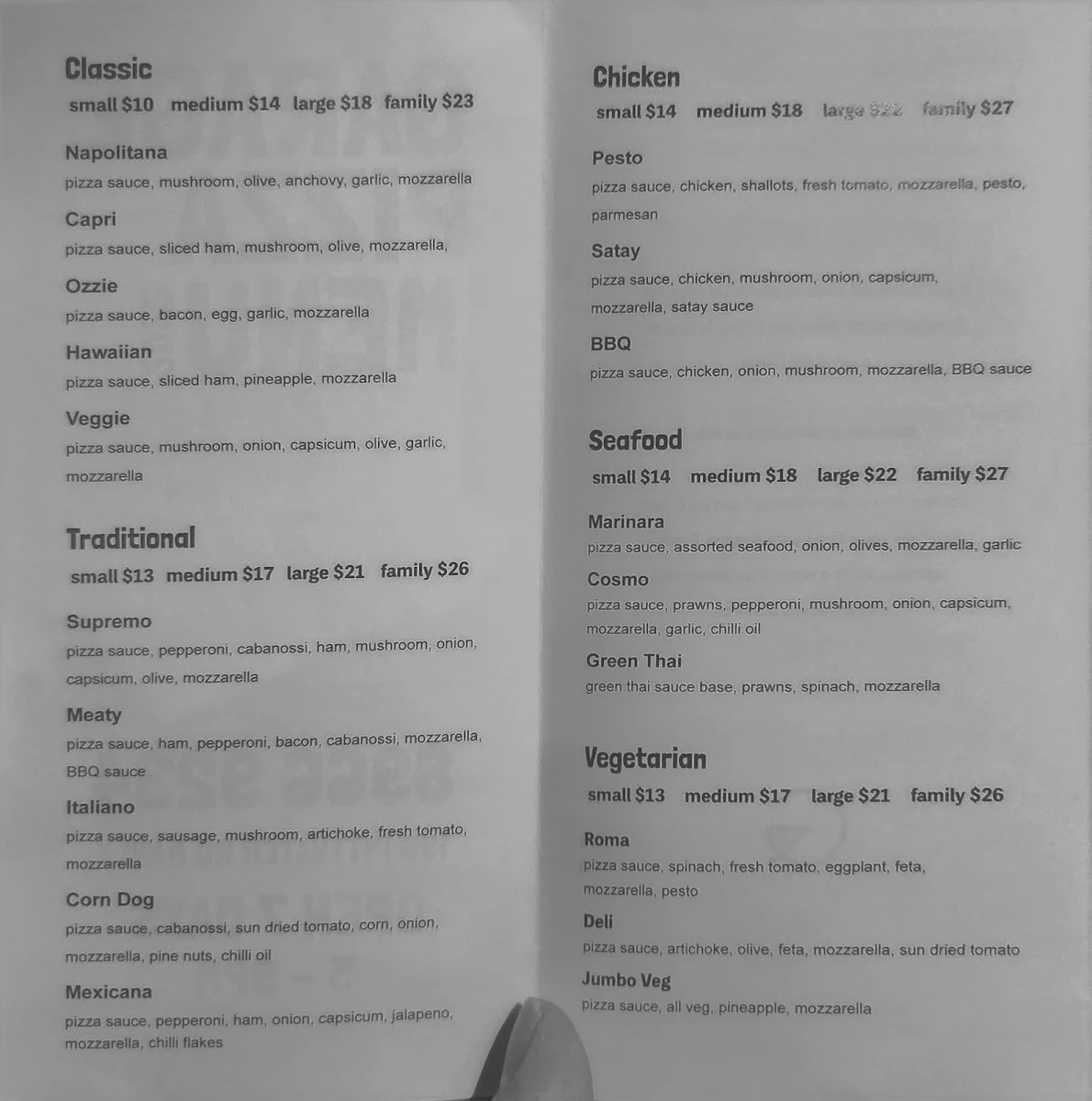 Menu, Garage Pizzeria