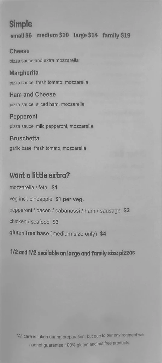 Menu, Garage Pizzeria