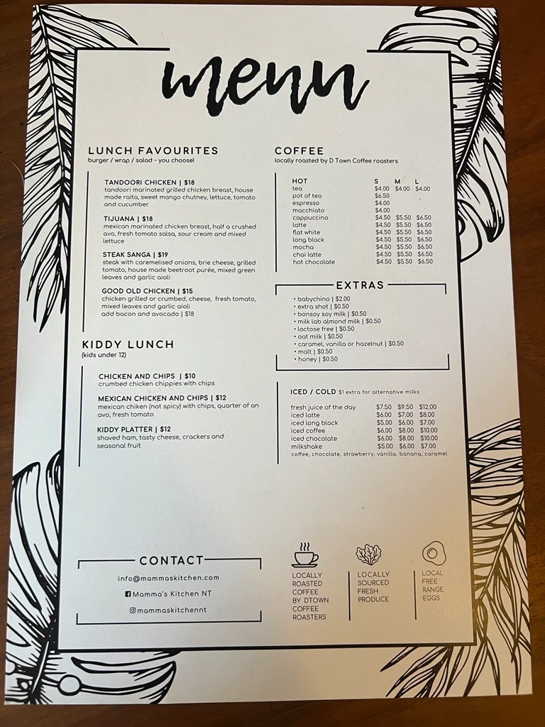 Menu, Mamma's Kitchen Cafe Coolalinga