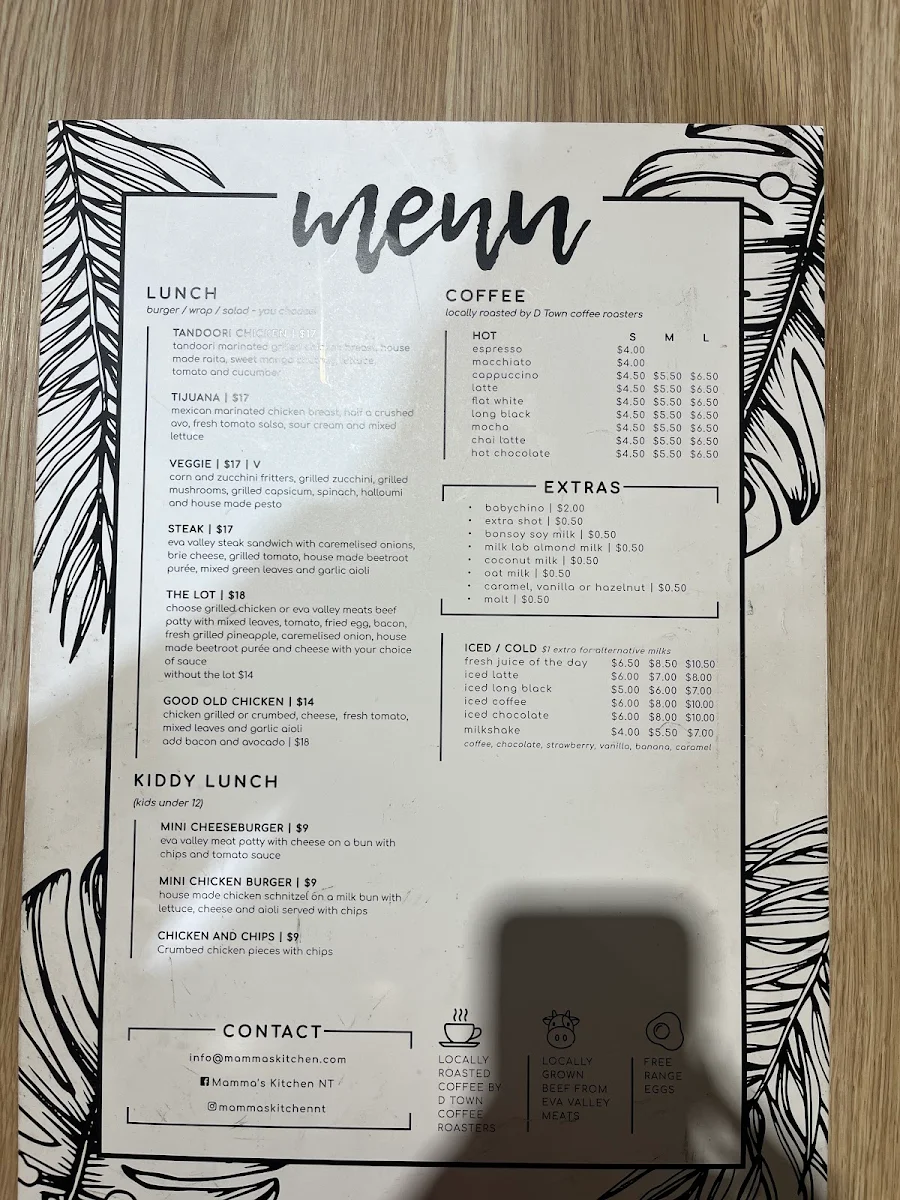Menu, Mamma's Kitchen Cafe Coolalinga