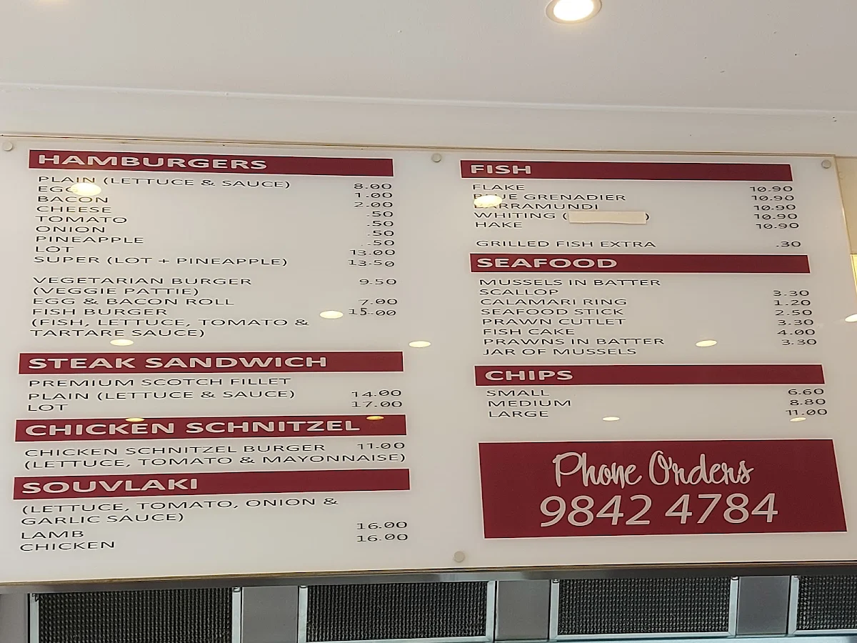 Menu, Doncaster East Fish & Chippery