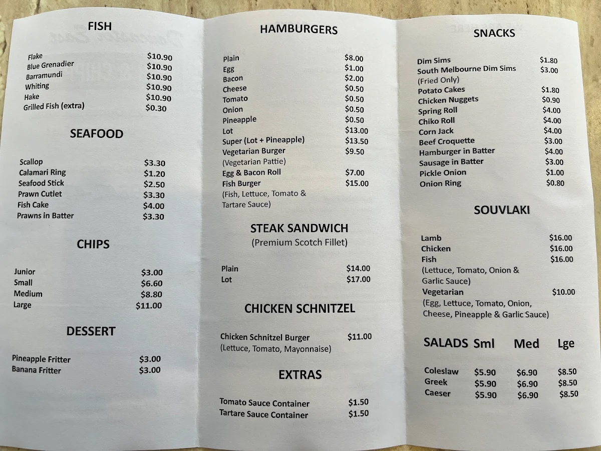 Menu, Doncaster East Fish & Chippery
