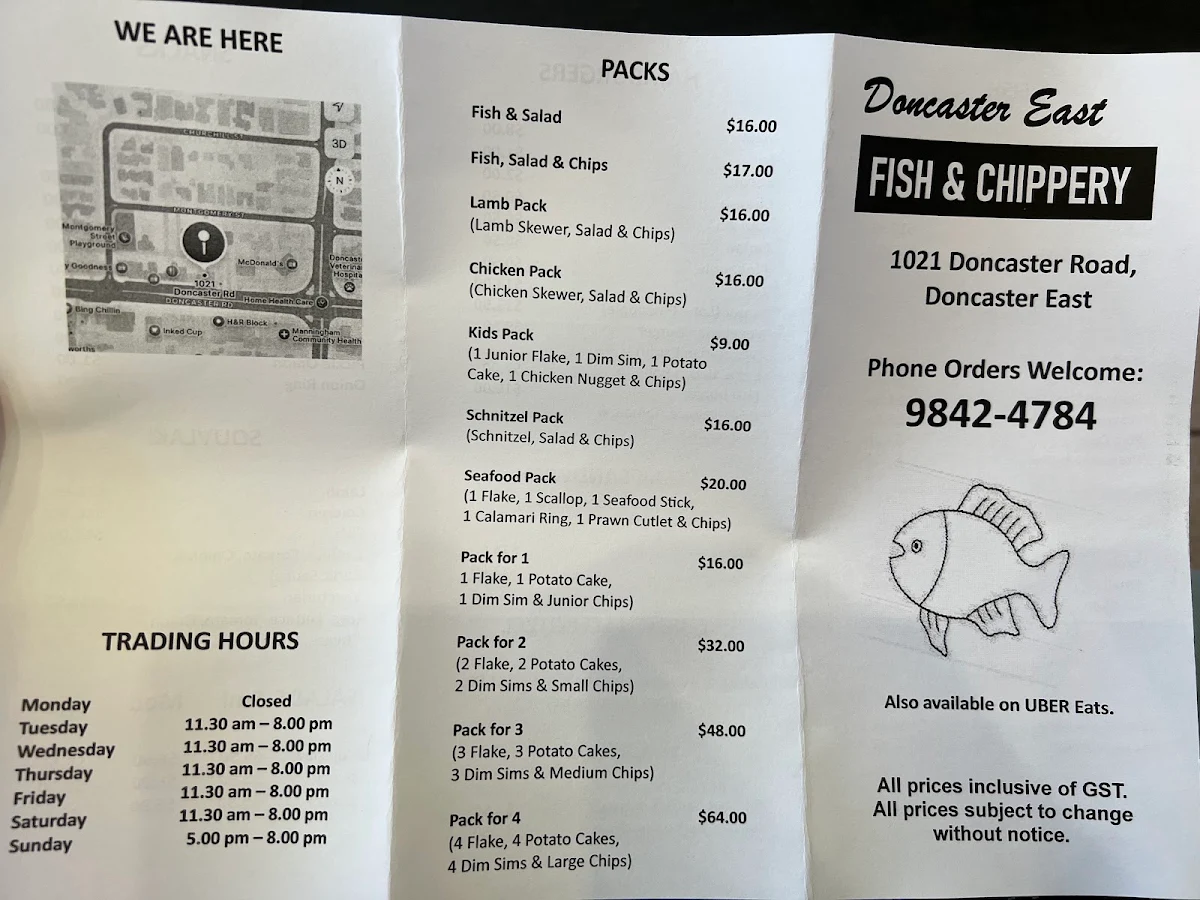 Menu, Doncaster East Fish & Chippery