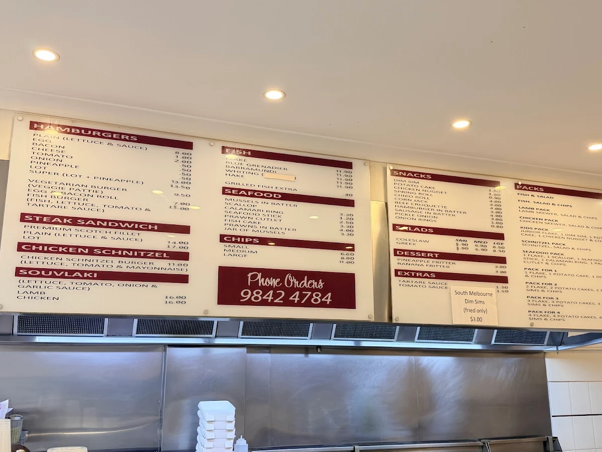 Menu, Doncaster East Fish & Chippery
