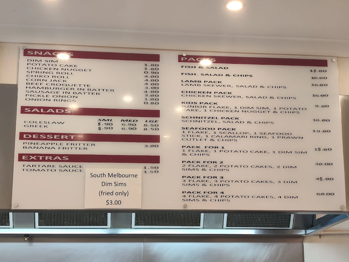Menu, Doncaster East Fish & Chippery