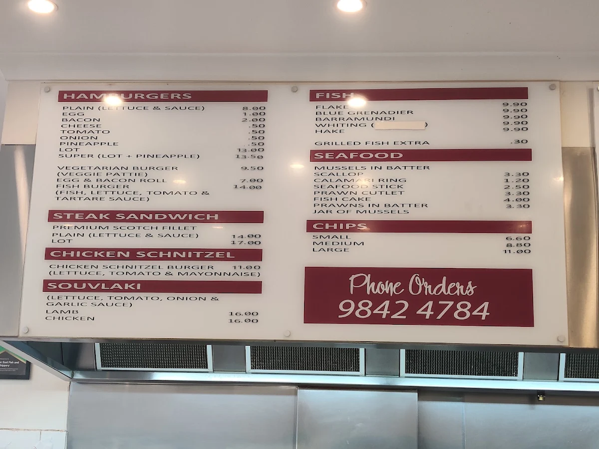 Menu, Doncaster East Fish & Chippery